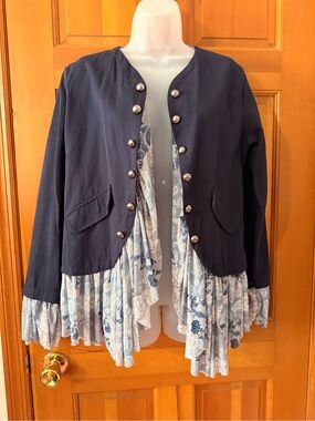 Navy Mixed-Media Ruffle Hem Women's Jacket